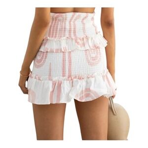 Sabo Skirt Smocked Mini Skirt Womens‎ M White Pink Abstract Ruffle Linen Blend
